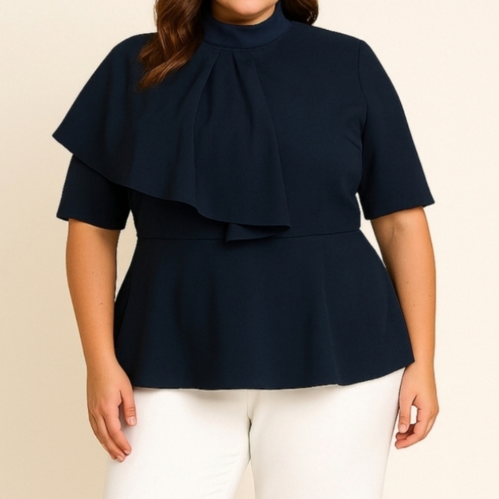 Ashley Stewart Black Asymmetric Ruffle Mock Neck Peplum Top